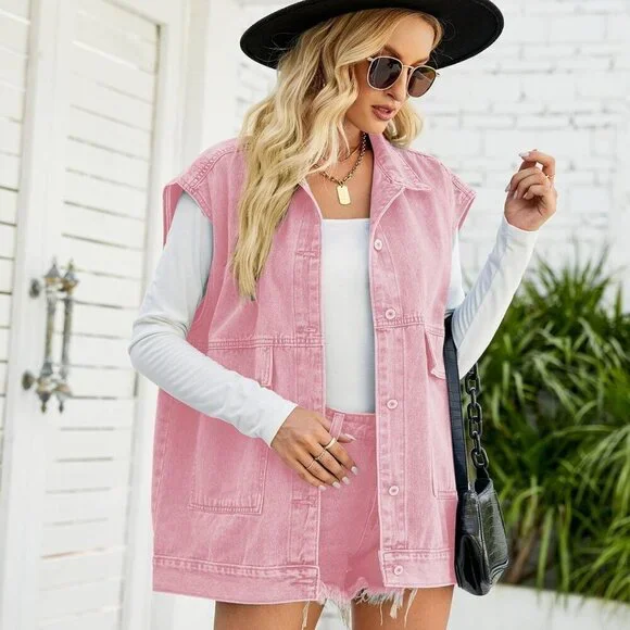 Women's Oversized Denim Vest Mid Long Sleeveless Jacket Plus Size Casual